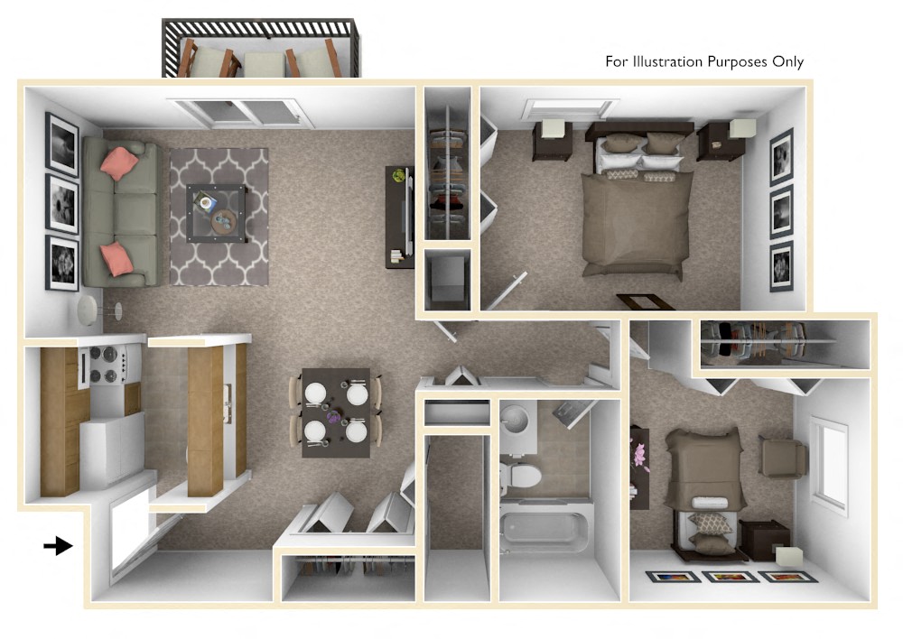 Floor plan for 2 beds, 1 bath, 920 sqft